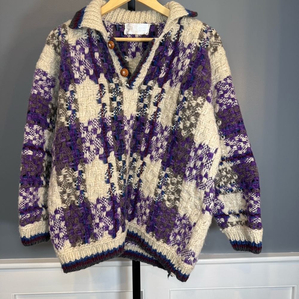 Vintage Handmade Ecuador Wool Sweater Purple Cream Geo Tribal Henley Pullover‎